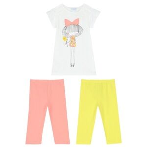 Size 6 Girls Mayoral White Tee with Coral Bow and Coral & Yellow Leggings